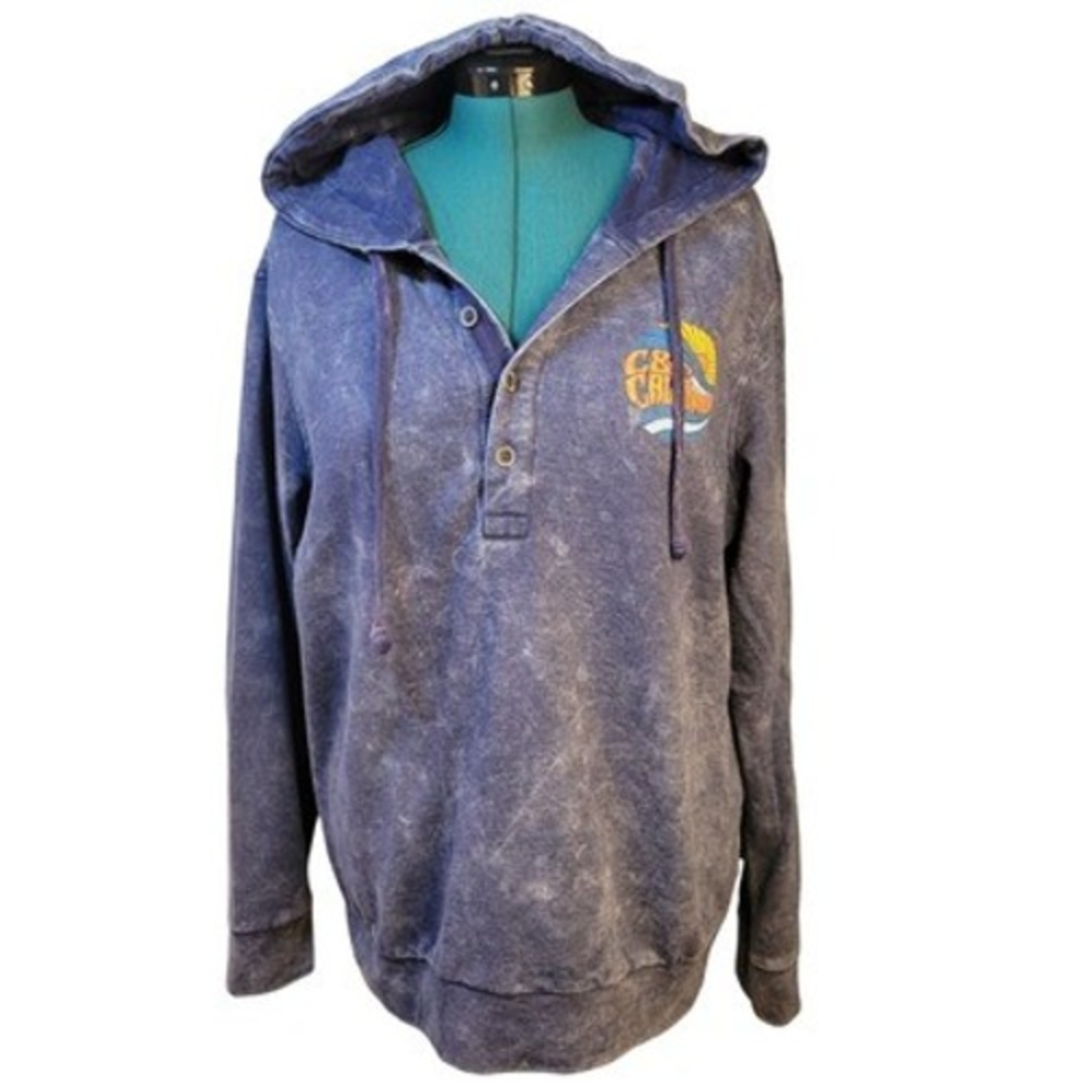 C&C California Men's L Blue Acid Wash Henley Graphic Hoodie Sun Wave Surf Beach‎ - Picture 2 of 7